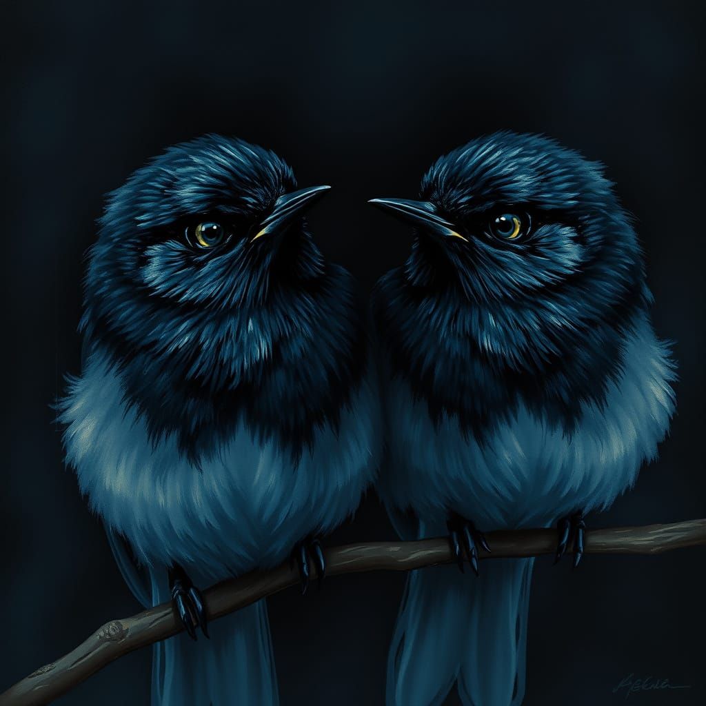 Nightingales With Ink Drop Eyes in Painterly Style