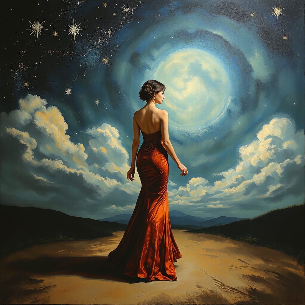 Elegant Woman in Starry Surrealist Landscape