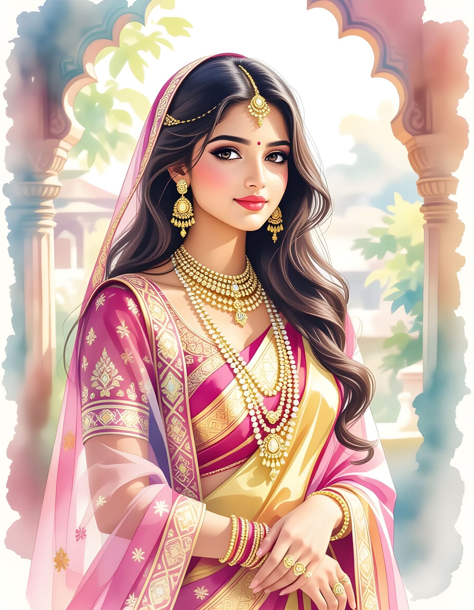 Beautiful Indian Girl in Shari: Watercolor Portrait