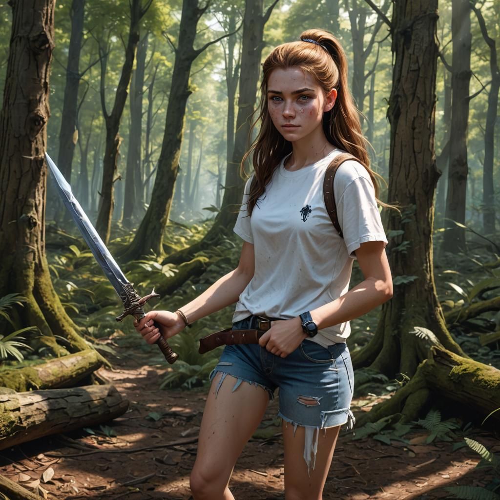 Girl Warrior with Dagger in Forest, Digital Art
