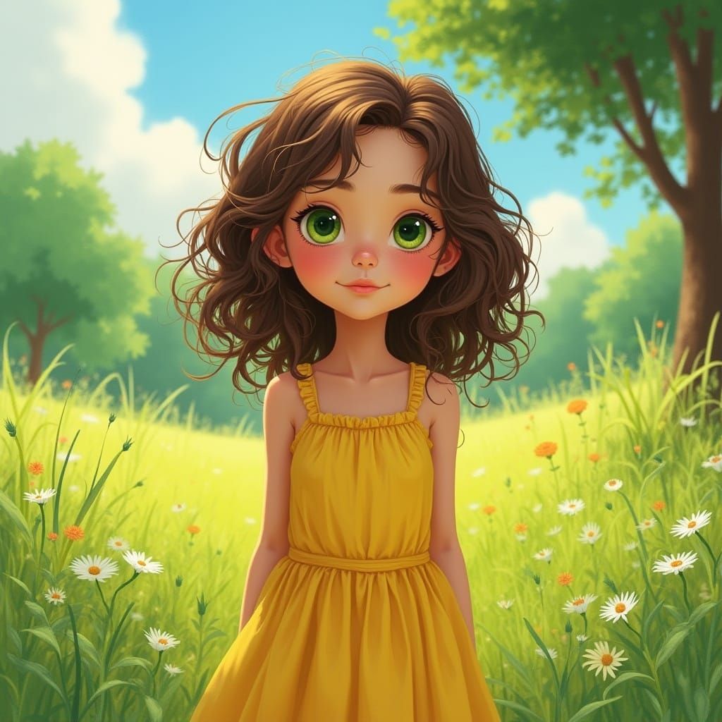 Girl in Meadow: Whimsical Digital Art