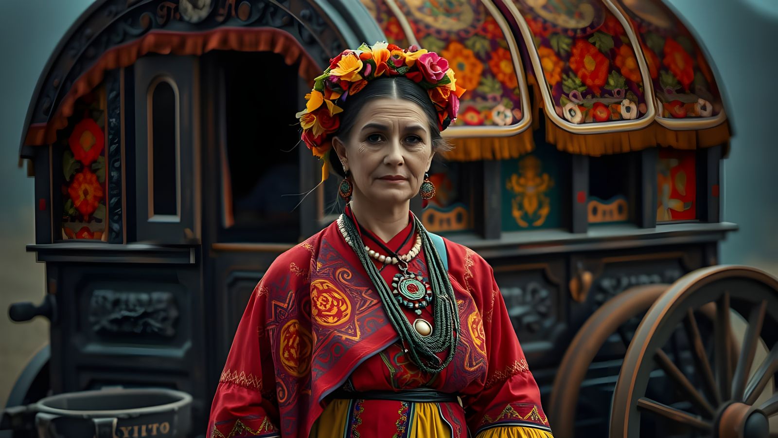 Hyperrealistic Romani Gypsy and Caravan Portrait