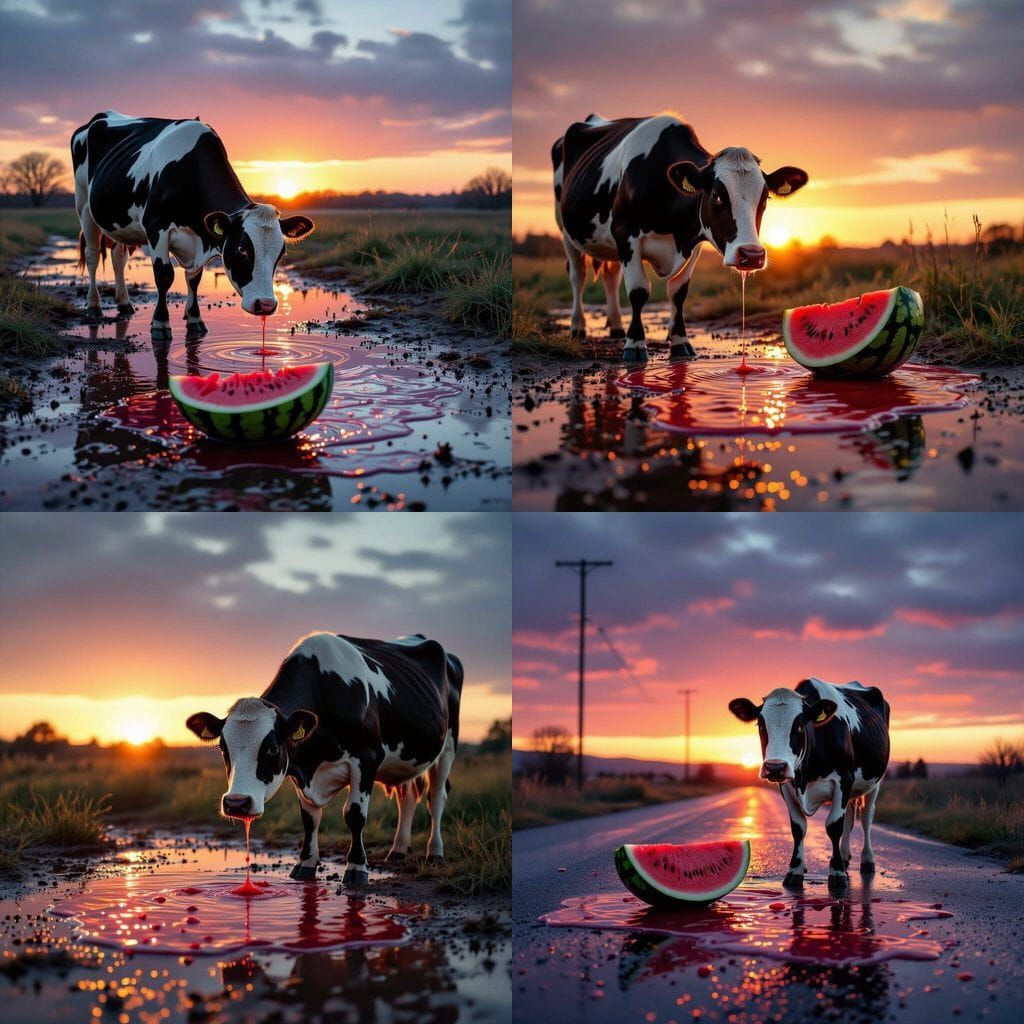Cow Cries Alone by Spilled Juice at Sunset