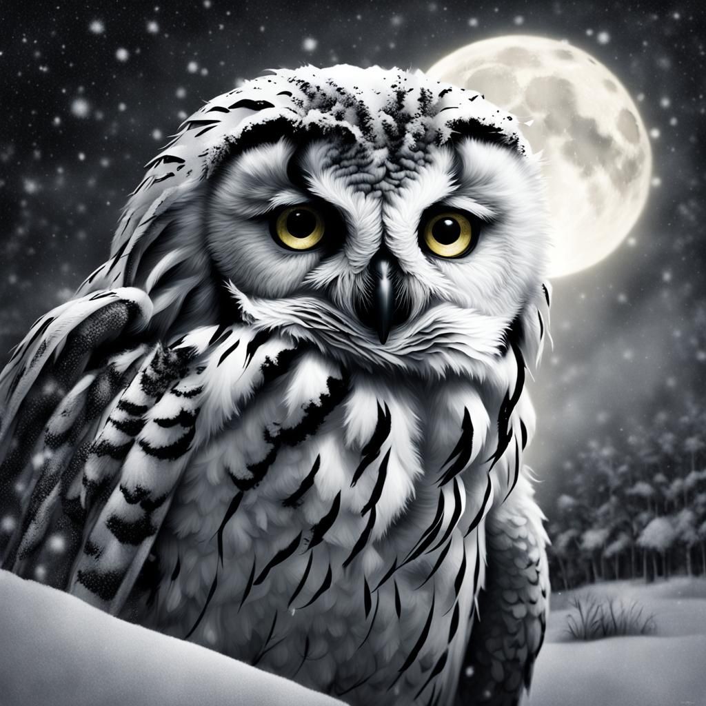 Snowy White Owl Under Full Moon Charcoal Drawing