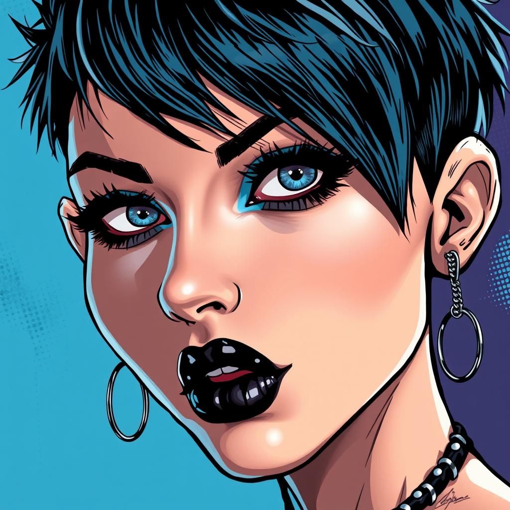 Punk Girl with Piercings and Pixie Cut, Comic Book Art