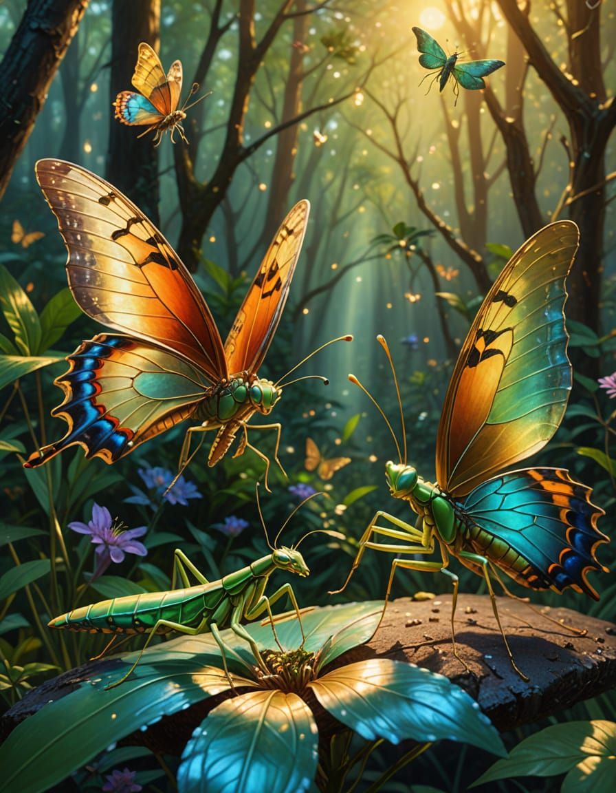Vibrant Oil Painting of Butterfly and Mantis in Enchanted Fo...
