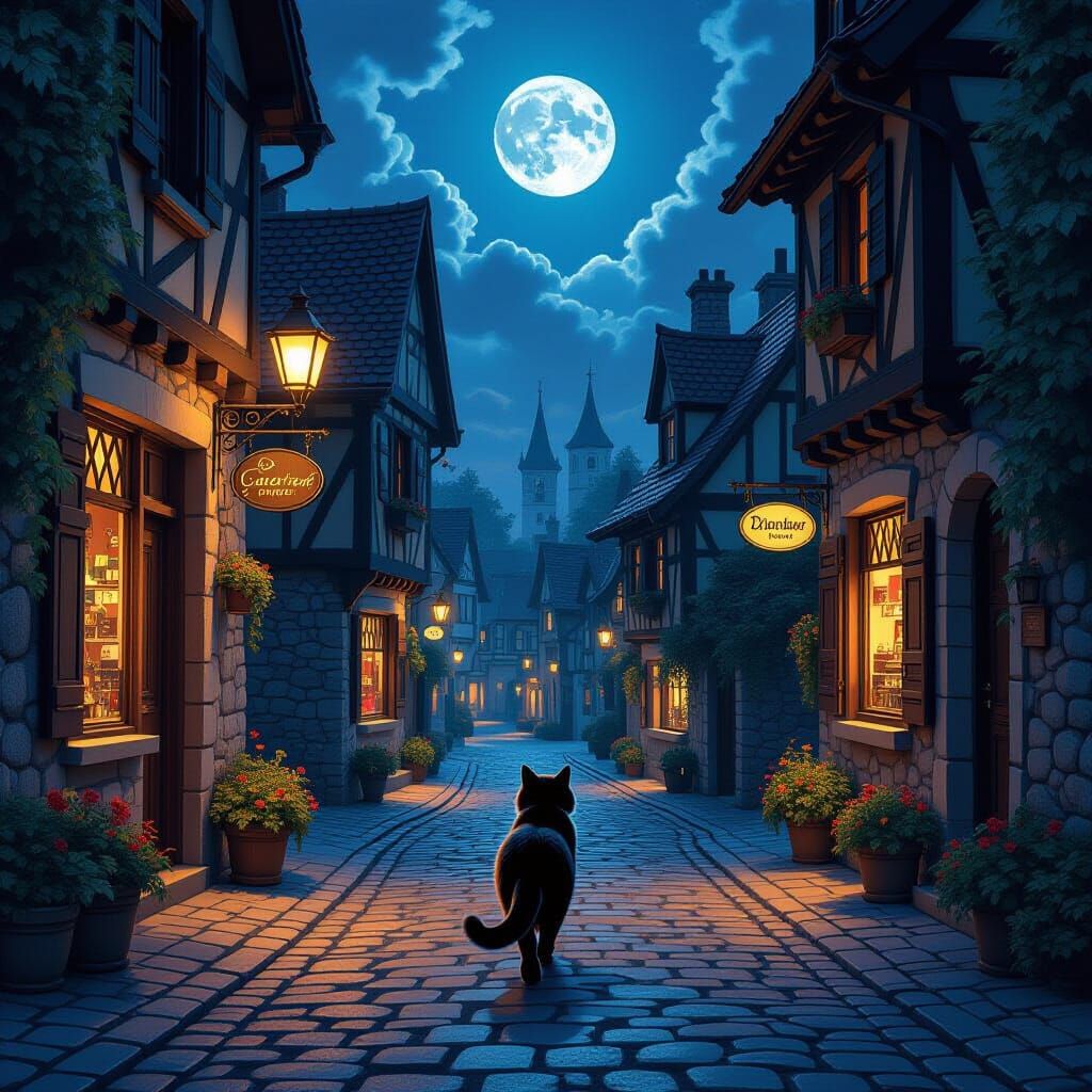 Black Cat in Quaint Village Under Moonlight