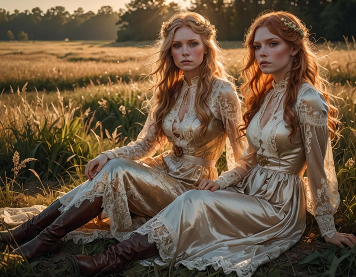 Elegant Women in Field, Art Nouveau Portrait