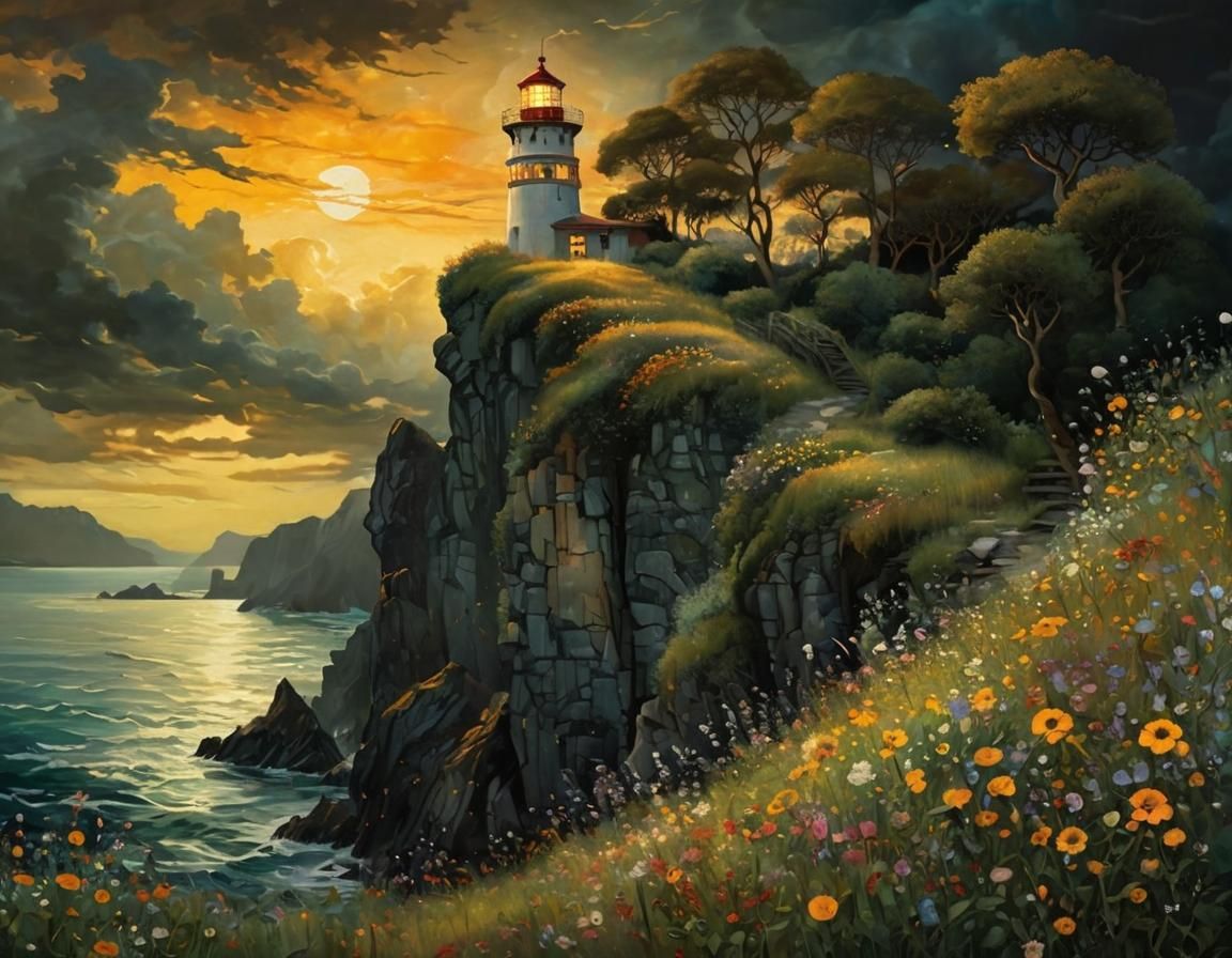 Golden Lighthouse on a Steep Flowering Cliff in Art Nouveau ...