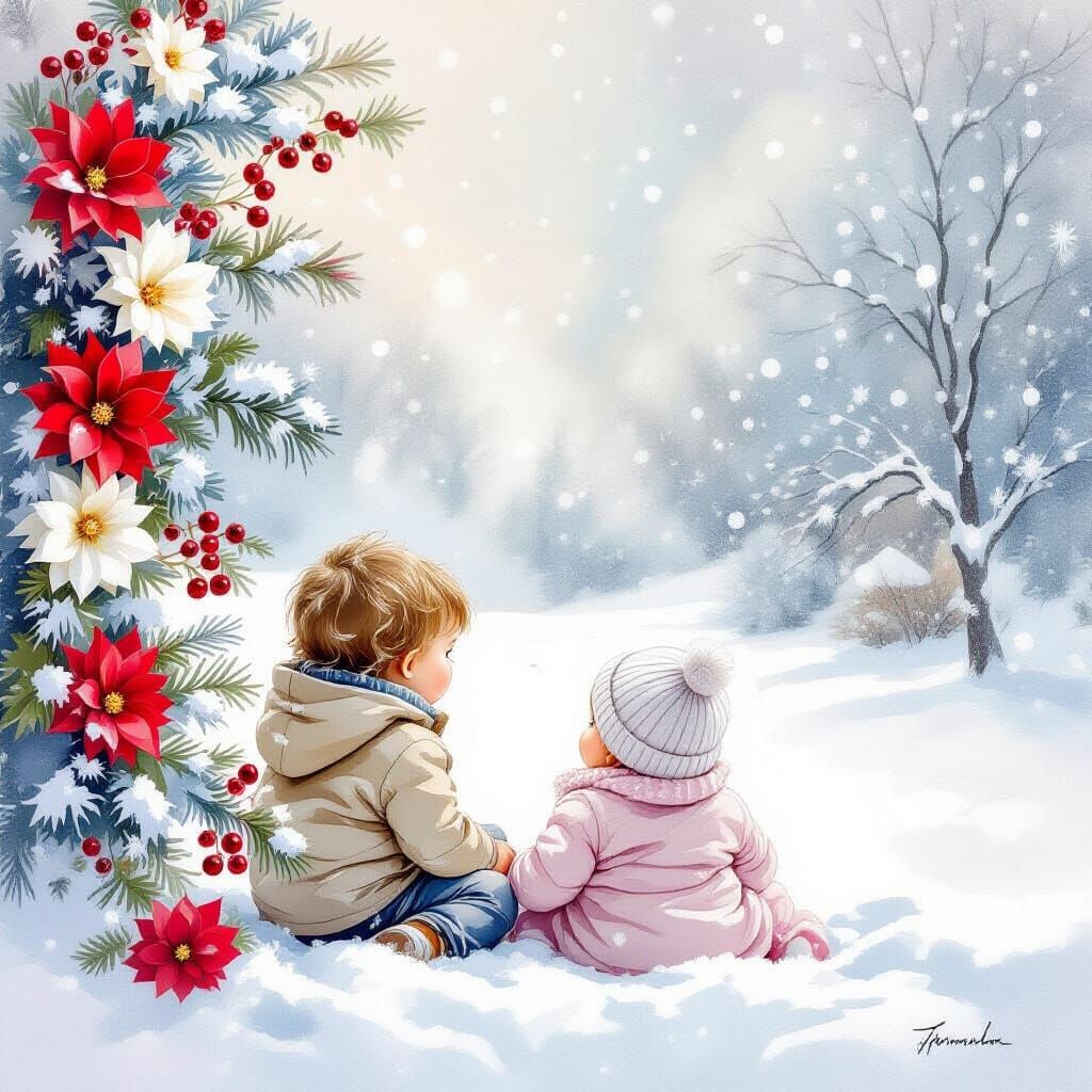 Ethereal Winter Scene: Siblings Watch Snowfall