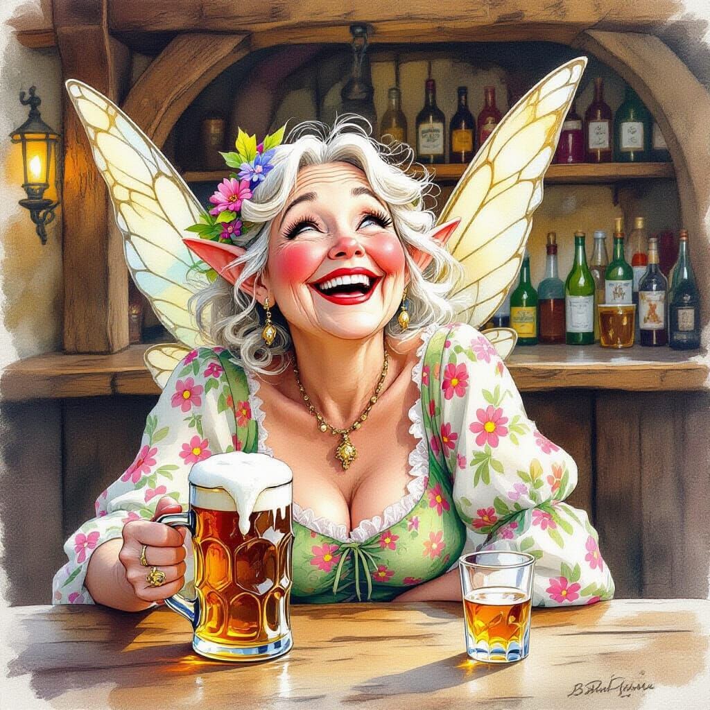 Cheerful Fairy Enjoying Drinks, Watercolor Art