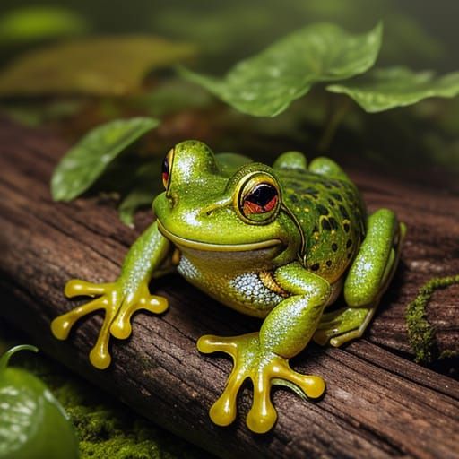 Green Frog in Amber Forest: Digital Oil Painting