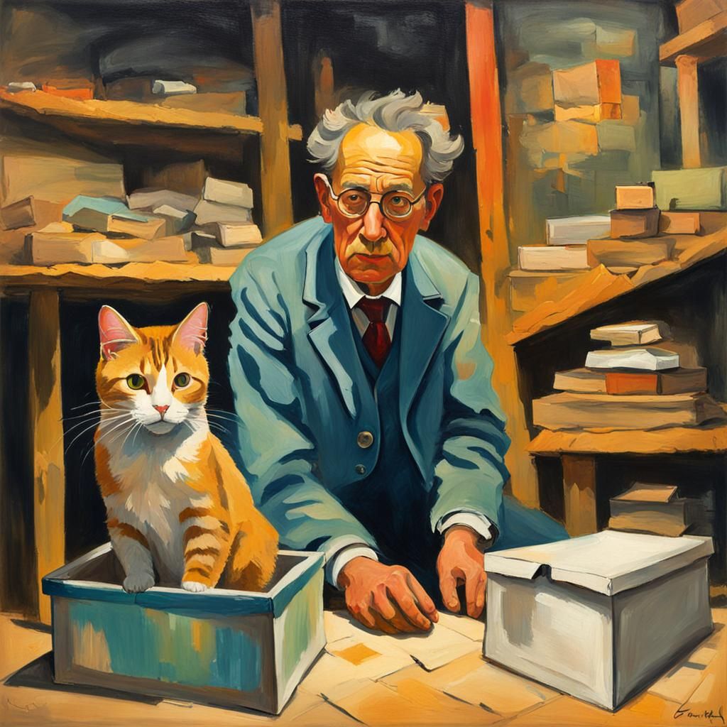 Schrödinger's Cat Experiment in Gouache Style