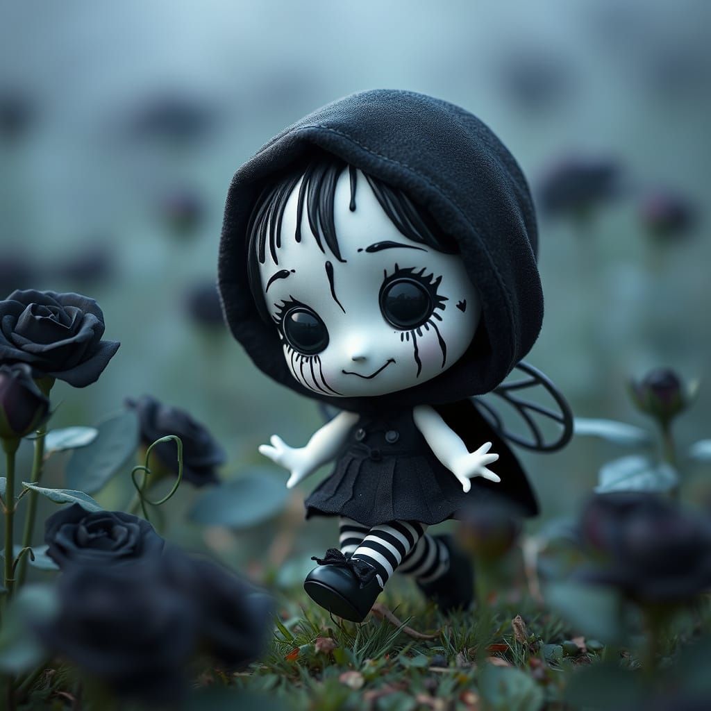 Chibi Fairy Doll in Black Roses Field