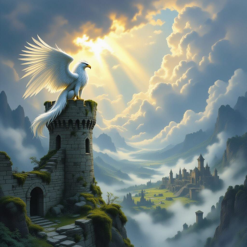 Majestic Griffin on Tower Over Misty Valley