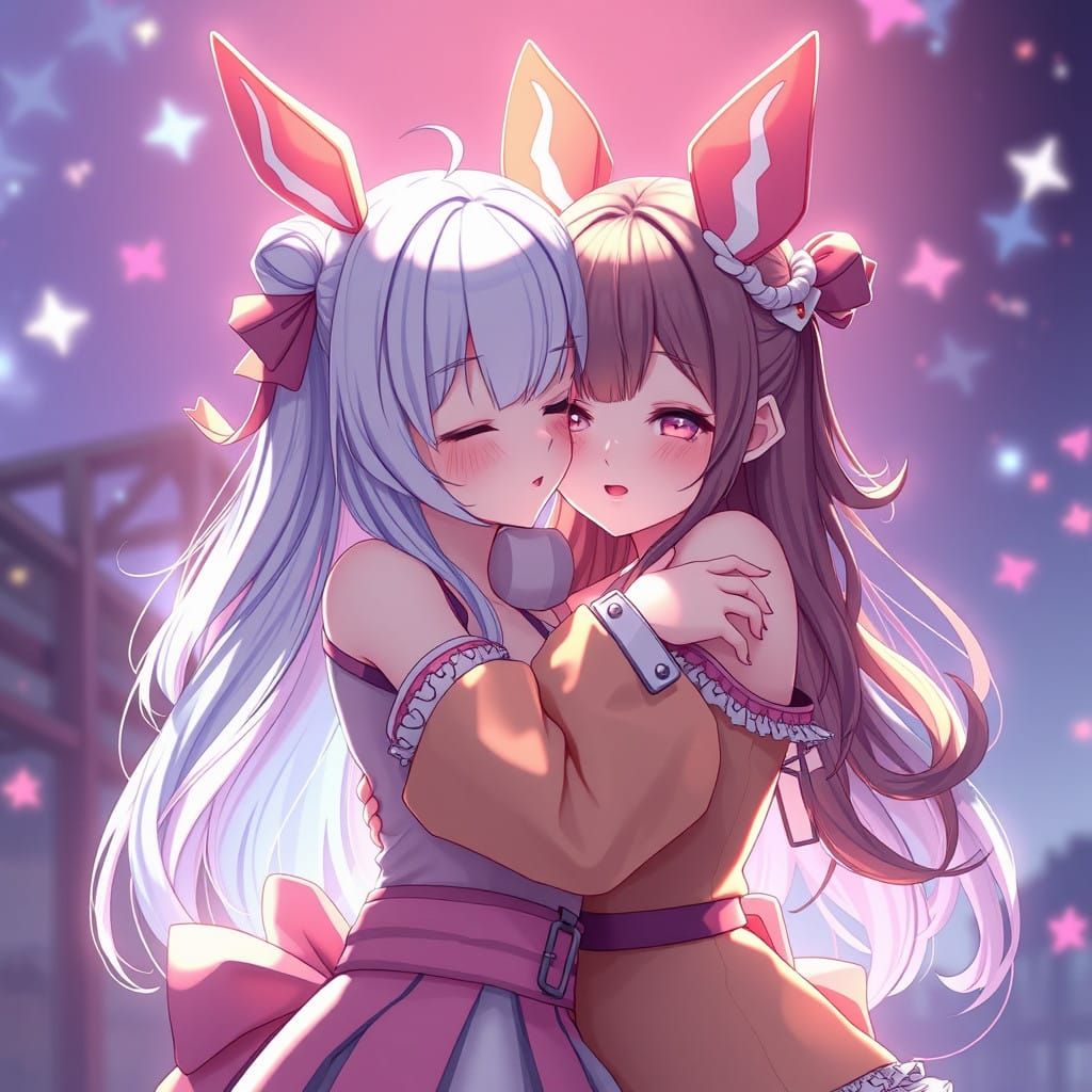 Girl Embracing a Tudyy in Detailed Anime Style