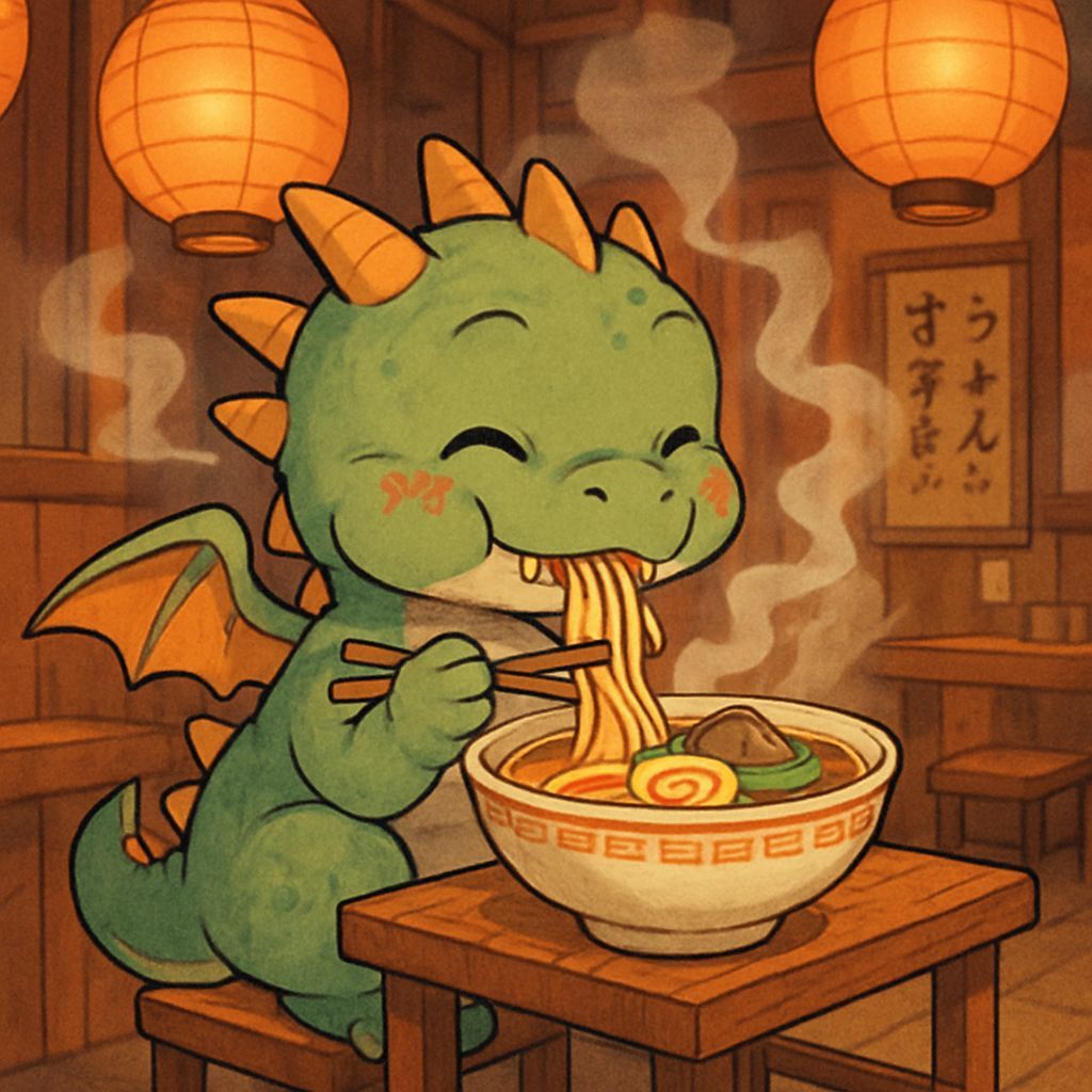 Cute Baby Dragon Slurping Ramen in Anime Style