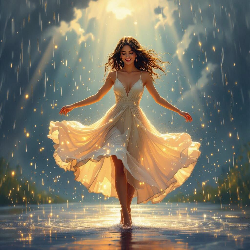 Joyful Woman Dancing in Ethereal Golden Rain
