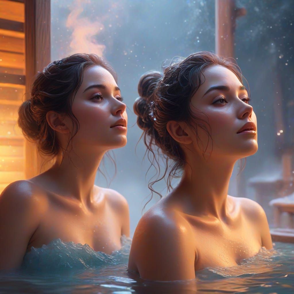 Surreal 4D Figures in Sauna with Ethereal Mist