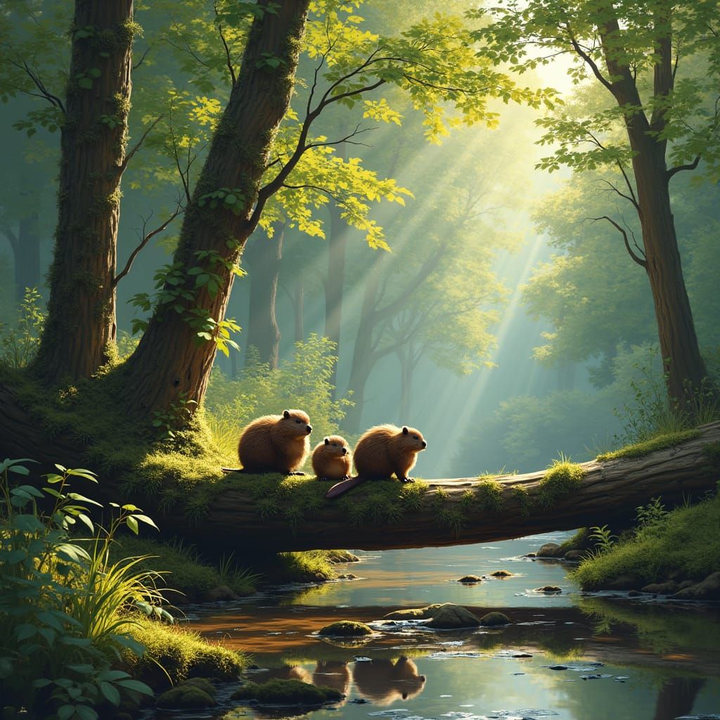 Peaceful Forest Scene with Beavers by a Gentle Brook
