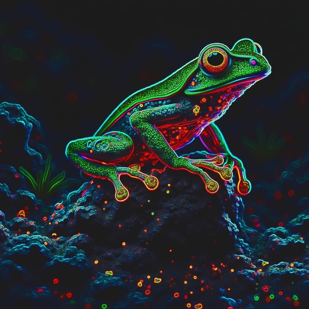 Surreal Neon Tree Frog Perched on a Pond Leaf