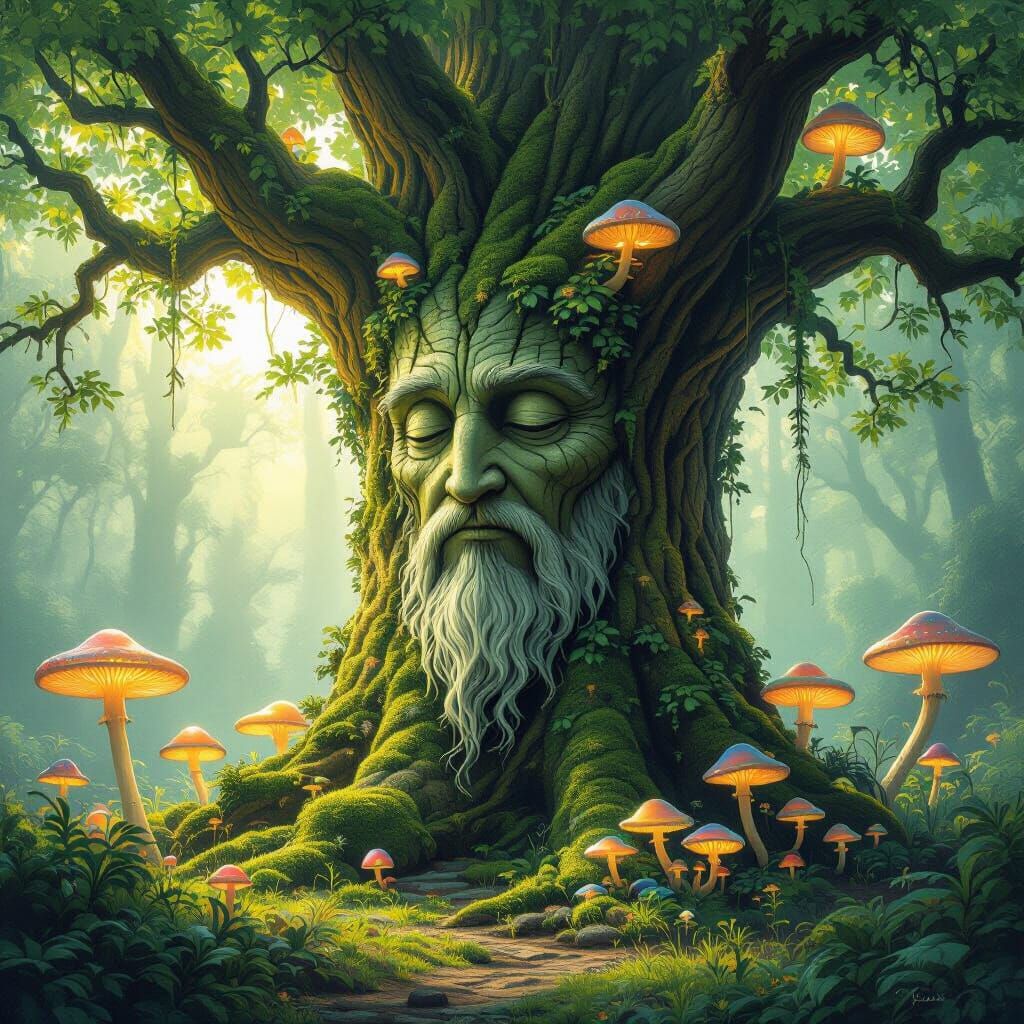 Mystical Forest: Ancient Tree with Glowing Mushrooms