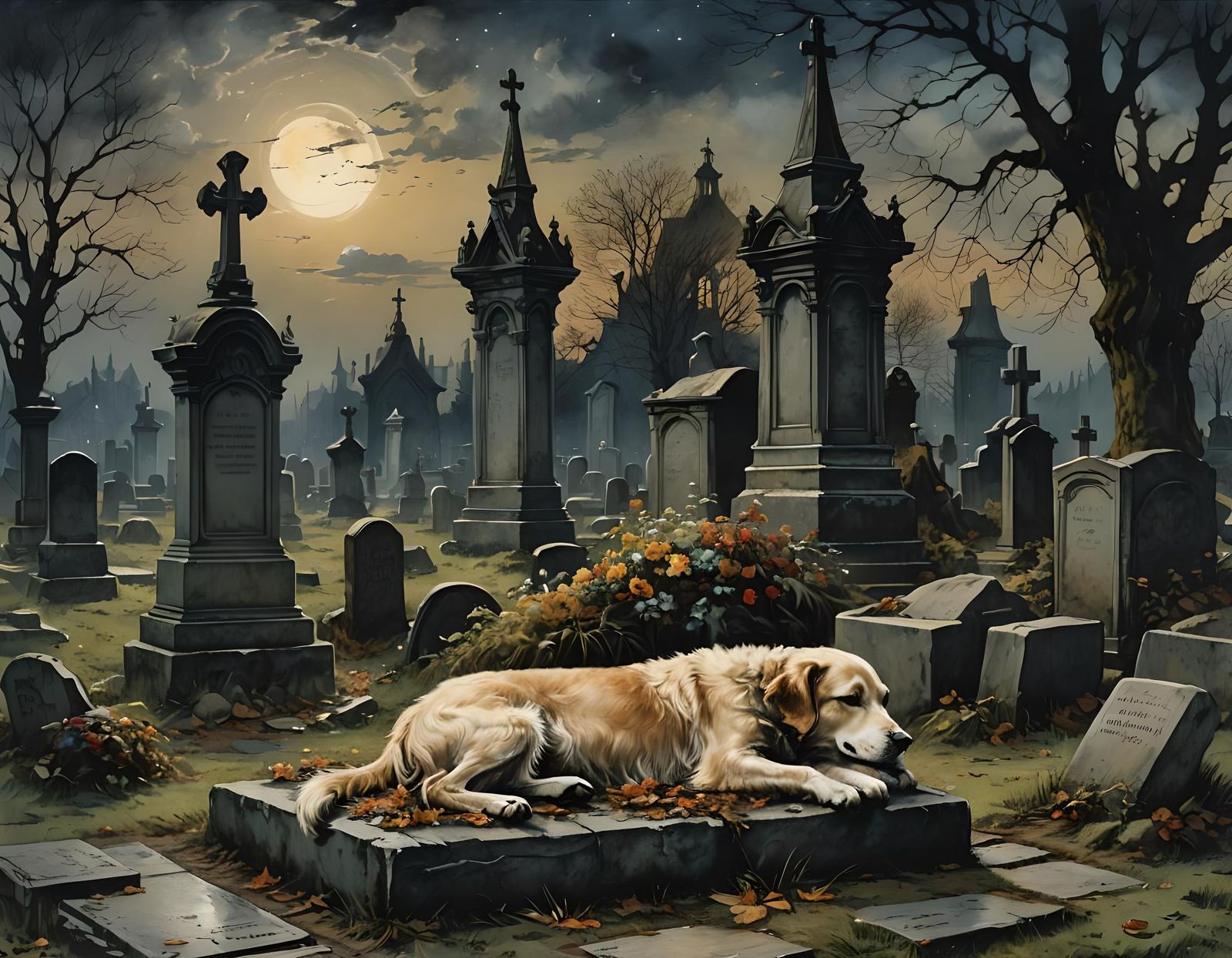 Dog Sleeps by Grave at Night: Rackham Style