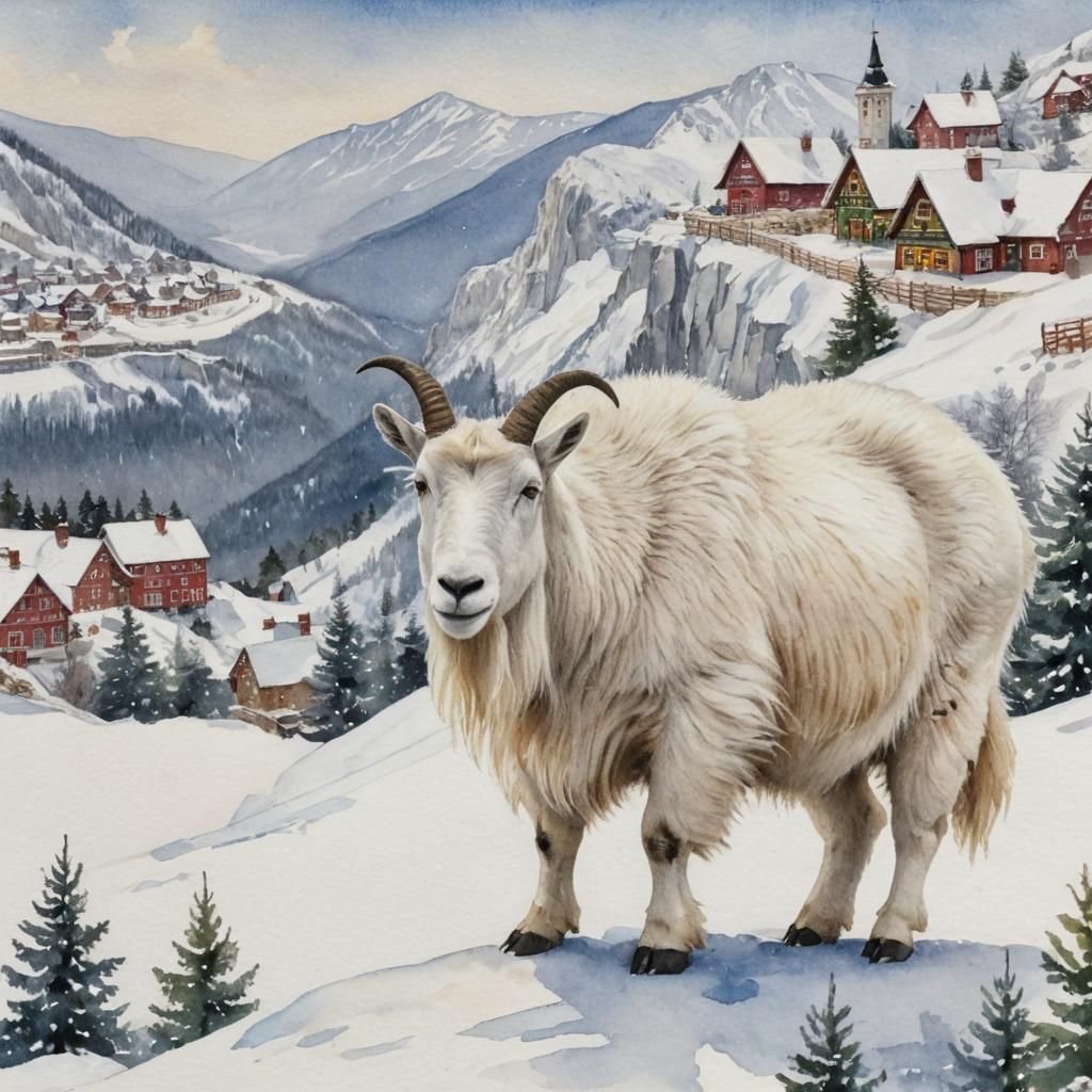 Gentle Mountain Goat Overlooks Winter Wonderland