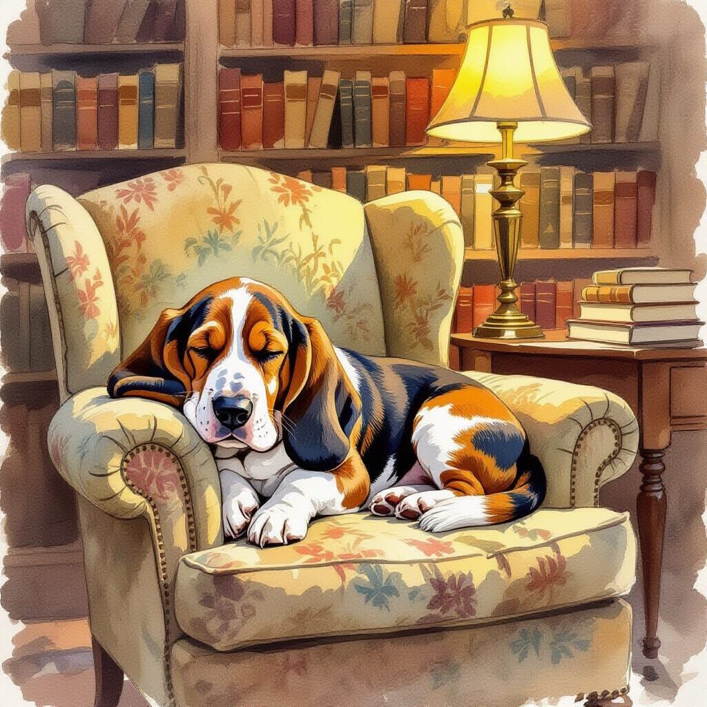 Sleepy Basset Hound on Antique Armchair