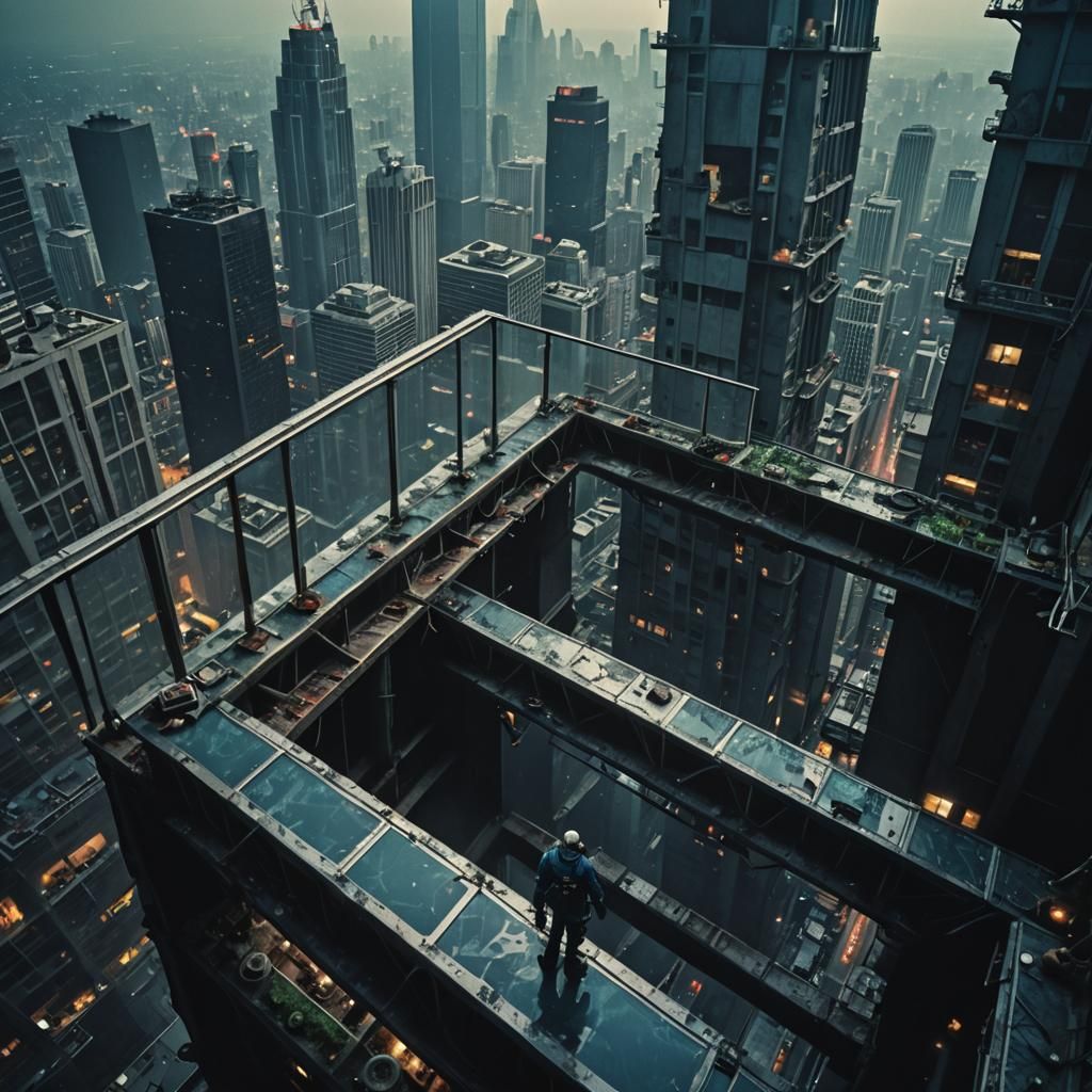 Skyscraper Balcony View in Dystopian Cinematic Style