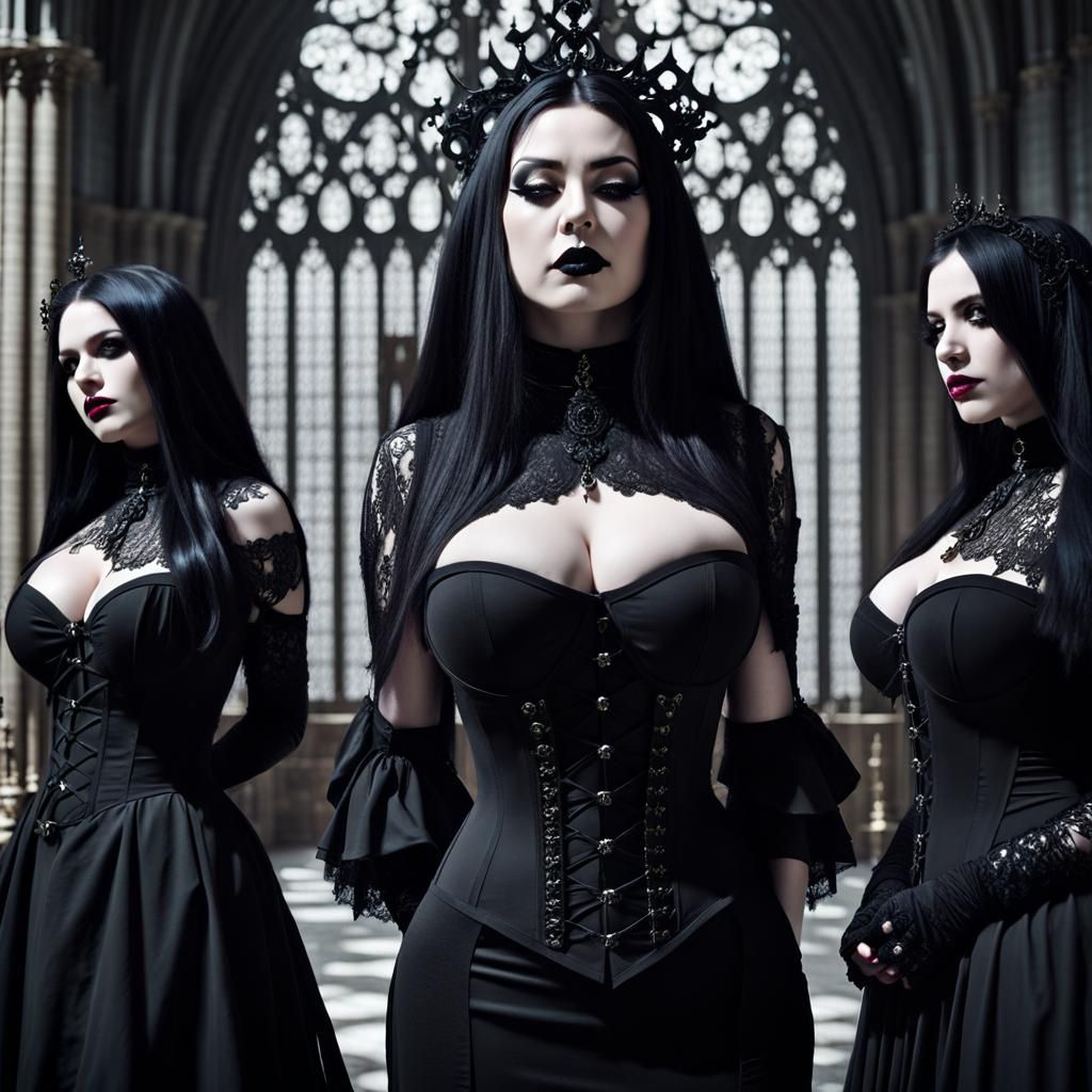 Gothic Cathedral: Three Goth Women in Dramatic Light