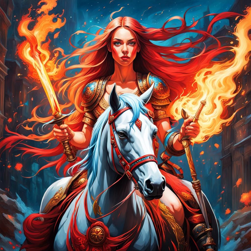 Fiery Haired Warrior Girl on Horse in Graffiti Art Style