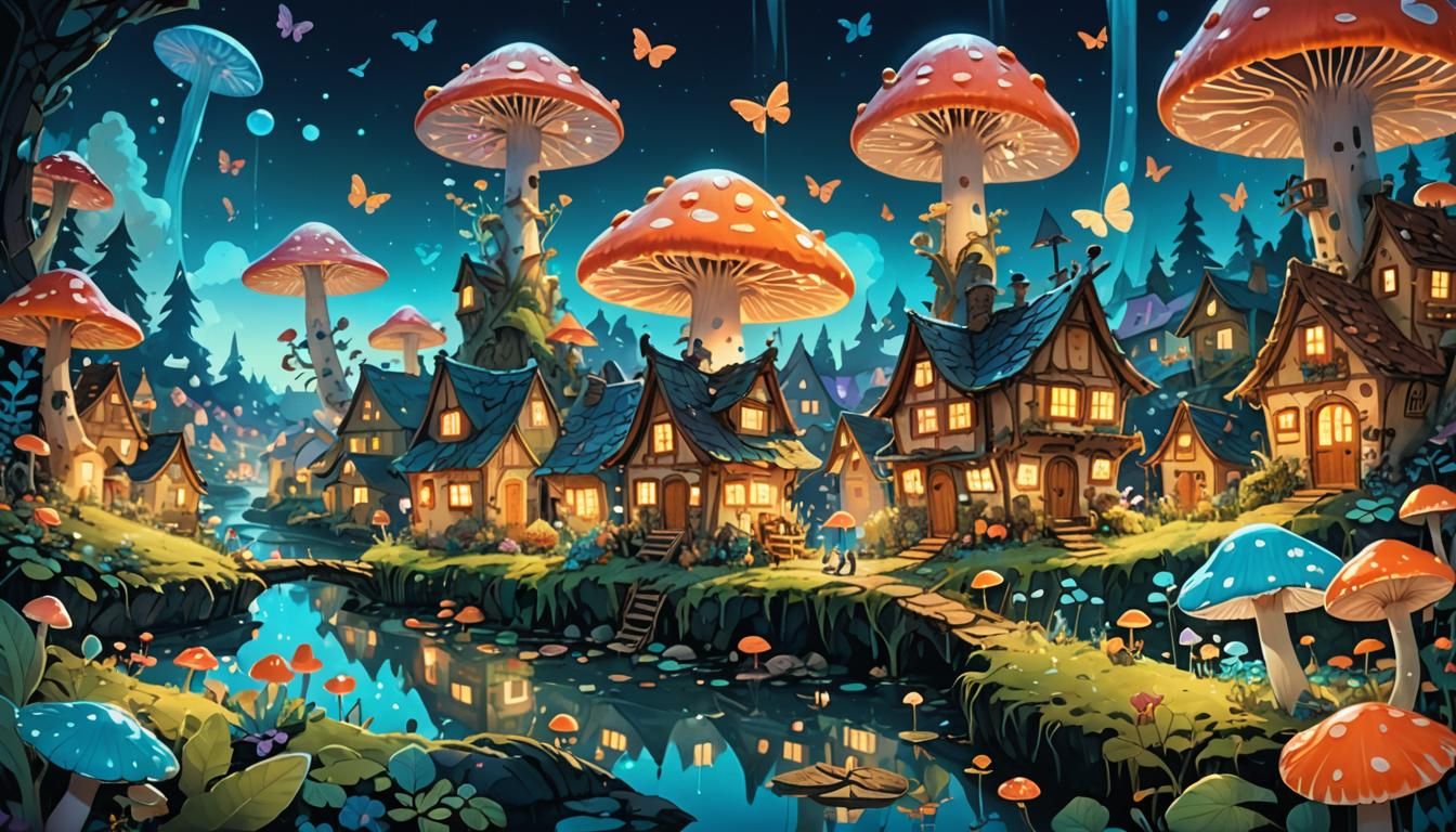 Mushroom Village: A Miyazaki-Inspired Surreal Landscape