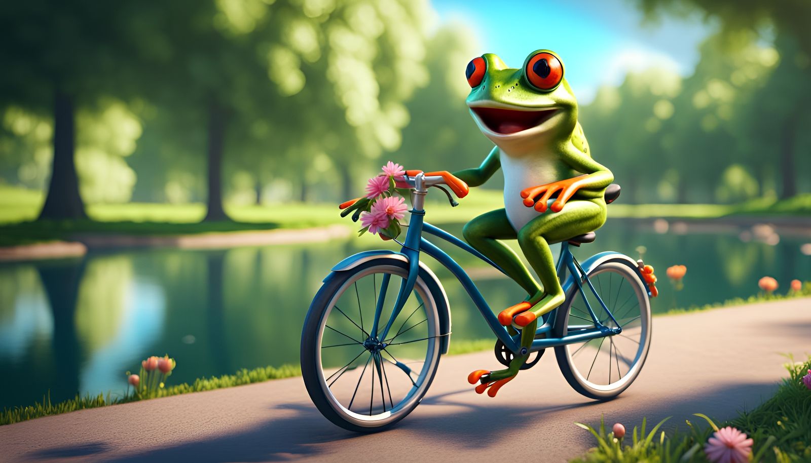 Smiling Frog Rides Bicycle Through Park, 3D Render