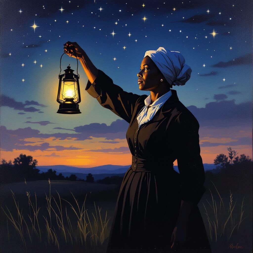 Harriet Tubman Oil Painting: Lantern of Hope in Night Sky