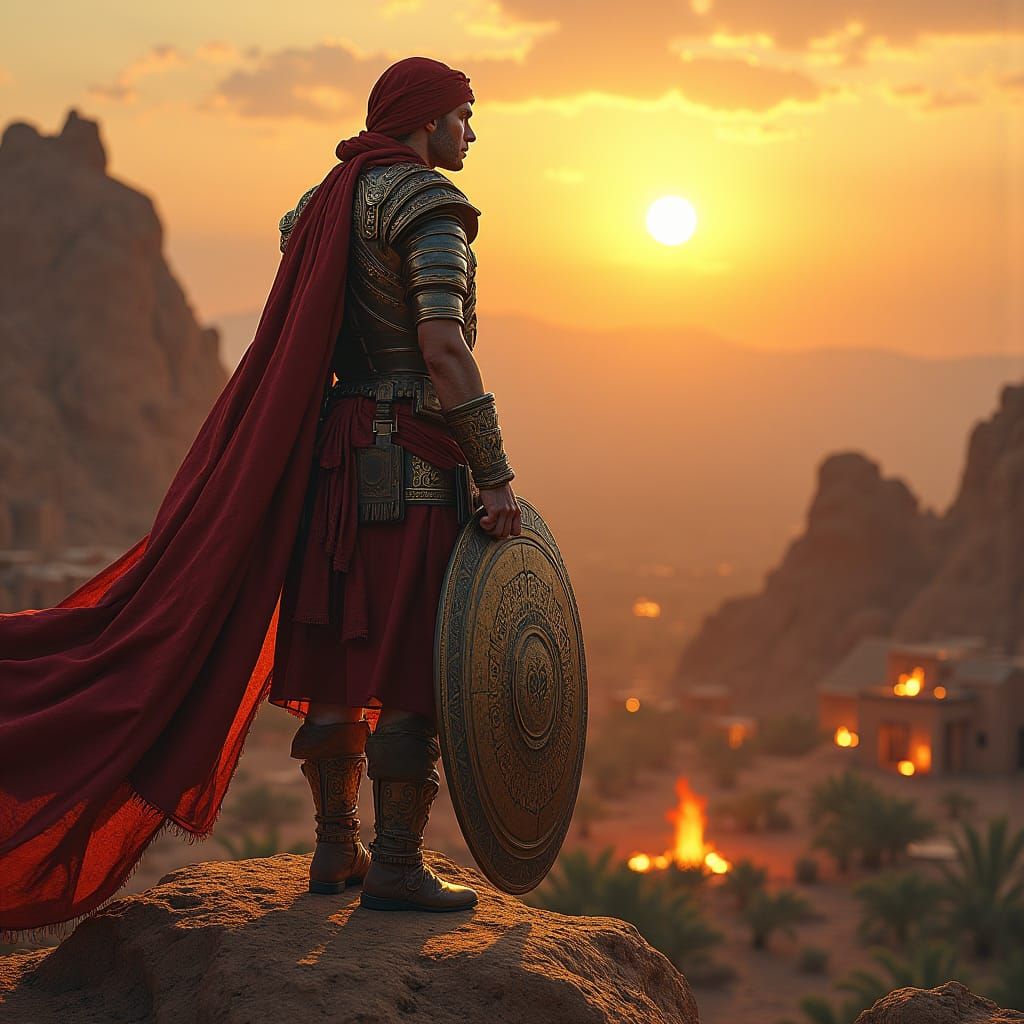 Amazigh Warrior in Berber Armor Gazing at Kasbah Villages
