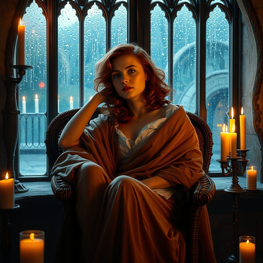 Medieval Woman Relaxing by Window in Digital Painting Style