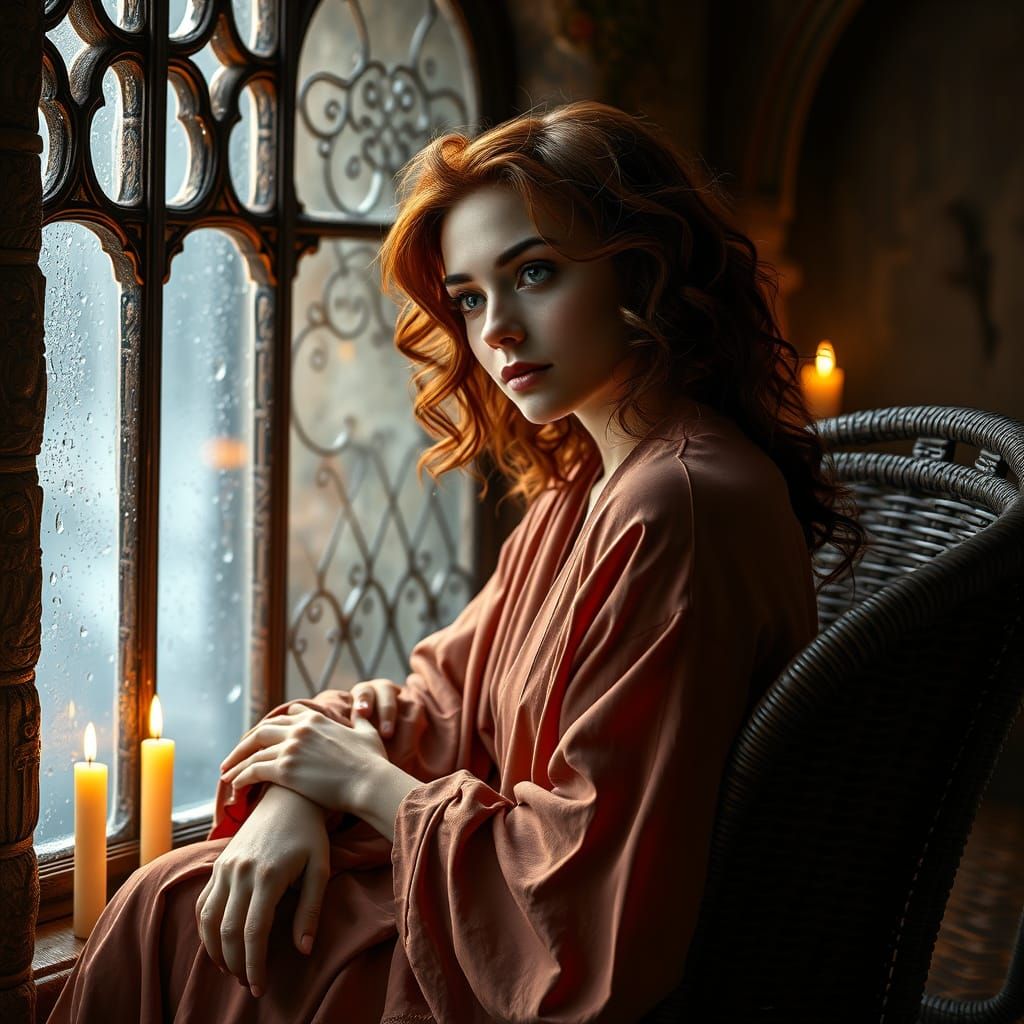Woman in Candlelit Room: Mystical Realism Art