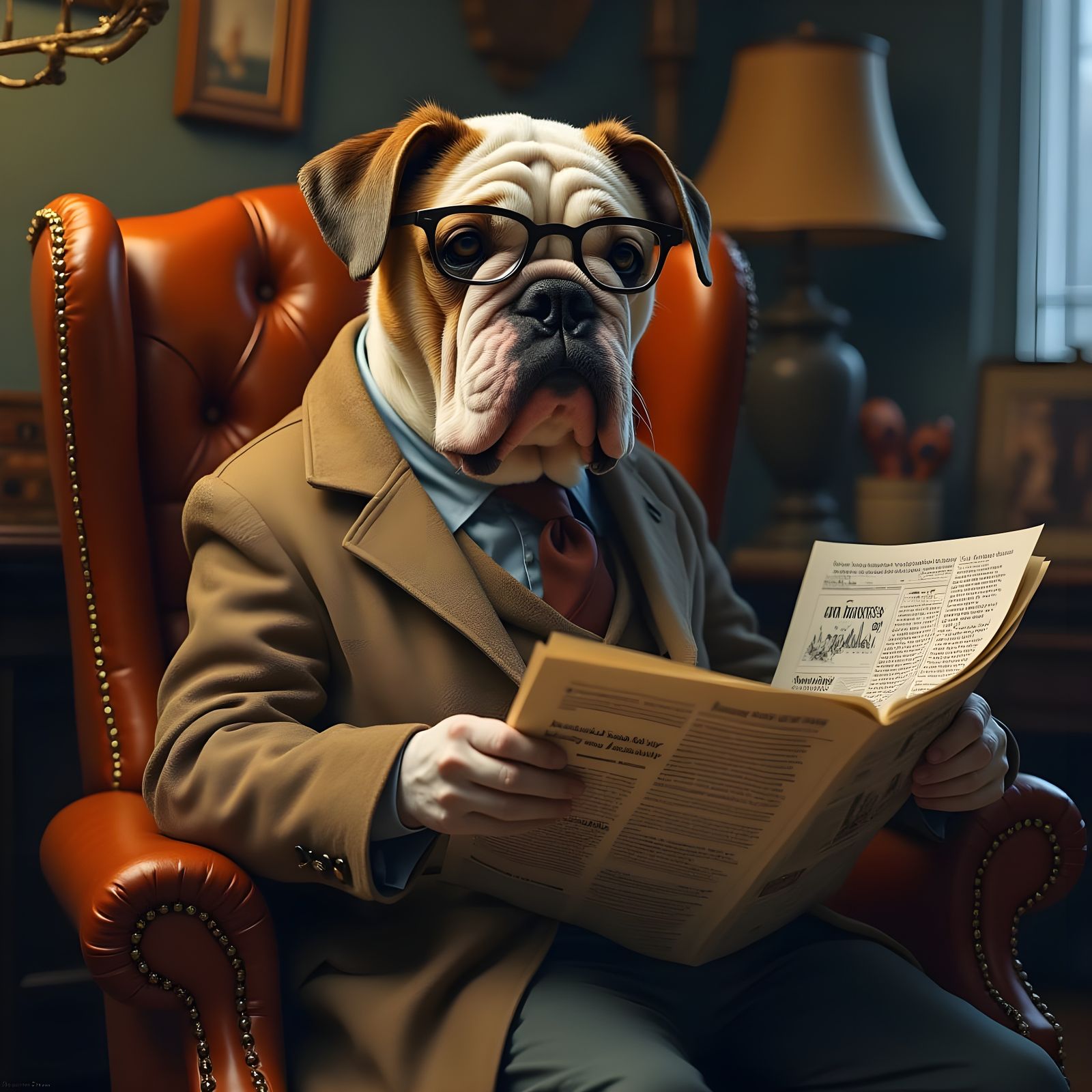 Elderly Bulldog in Gentlemanly Study