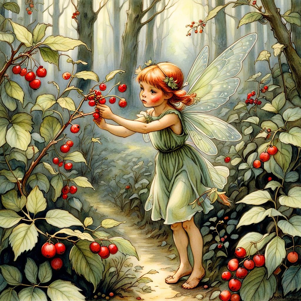Fantasy Fairy Picking Berries in Forest Illustration