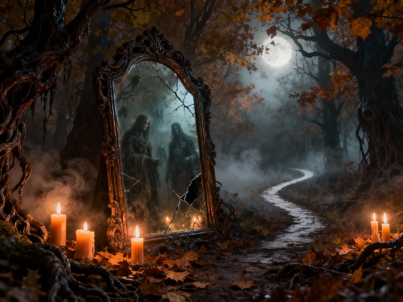 Haunted Mirror in Enchanted Autumn Forest