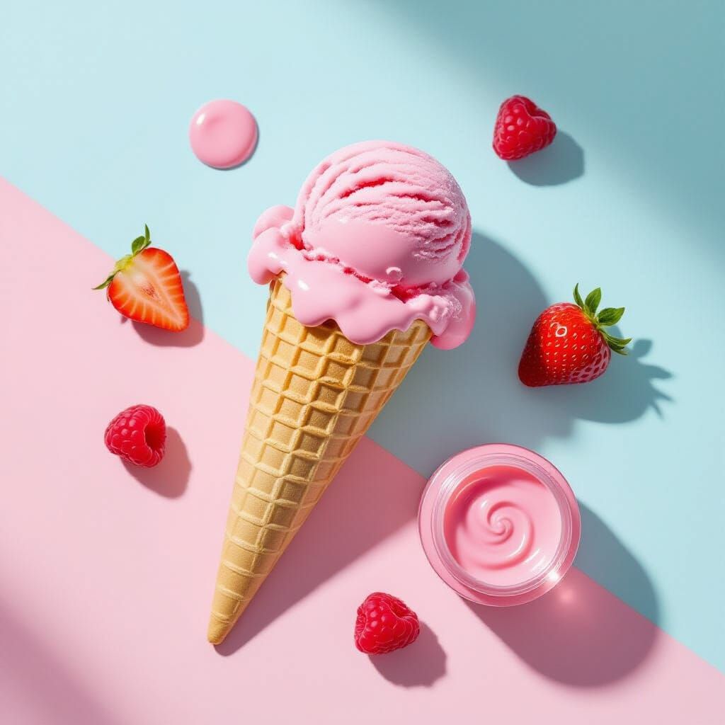 Minimalist Flat-Lay: Ice Cream Cone with Skincare Texture