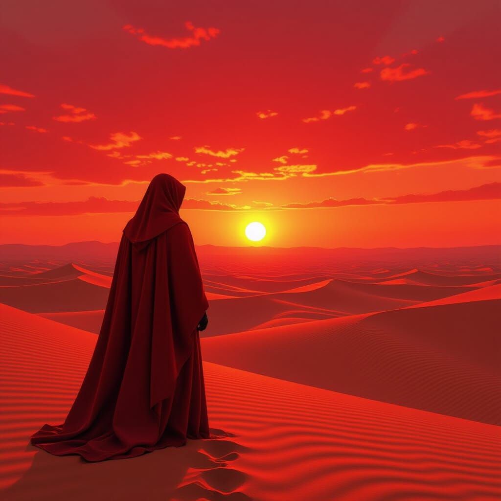 Crimson Figure Silhouetted Against Fiery Desert Sunset