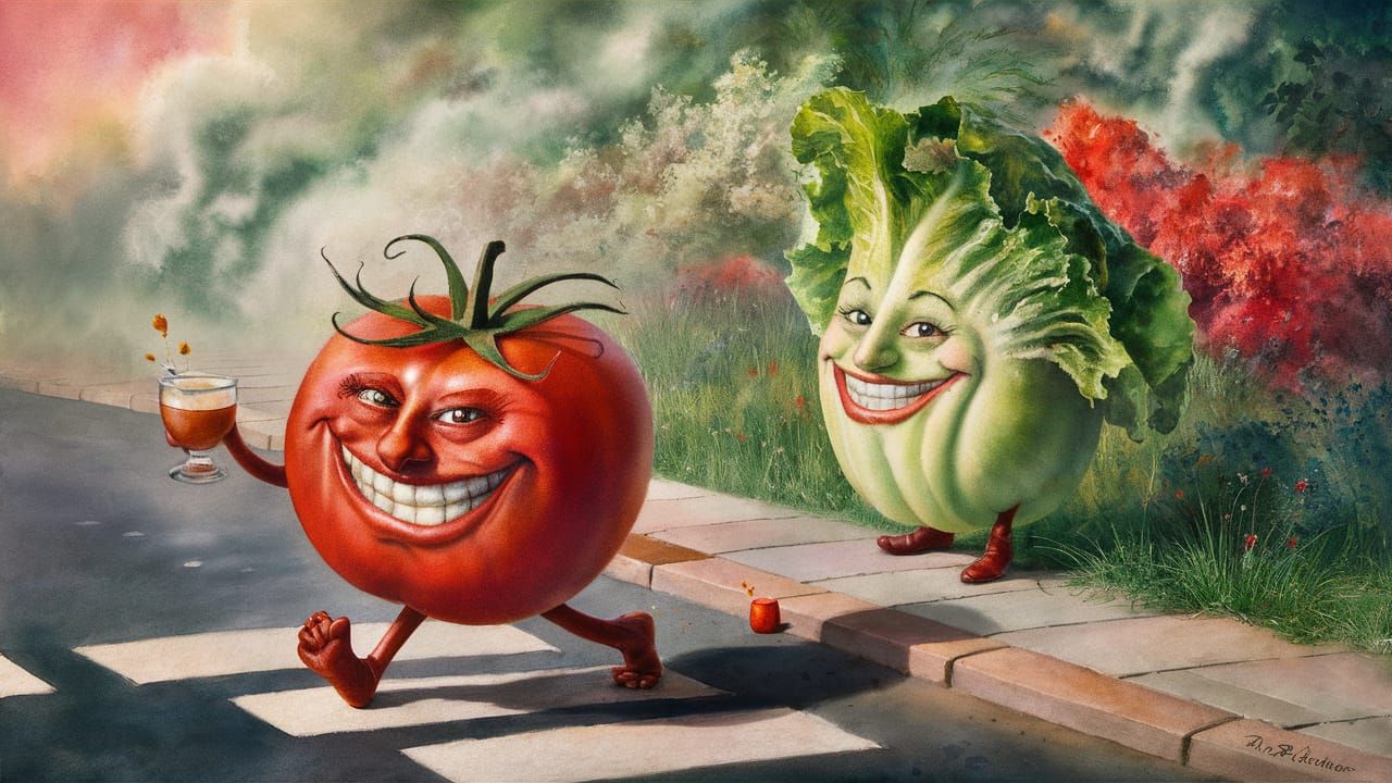 Whimsical Watercolor Vegetable Scene with Tomato and Lettuce