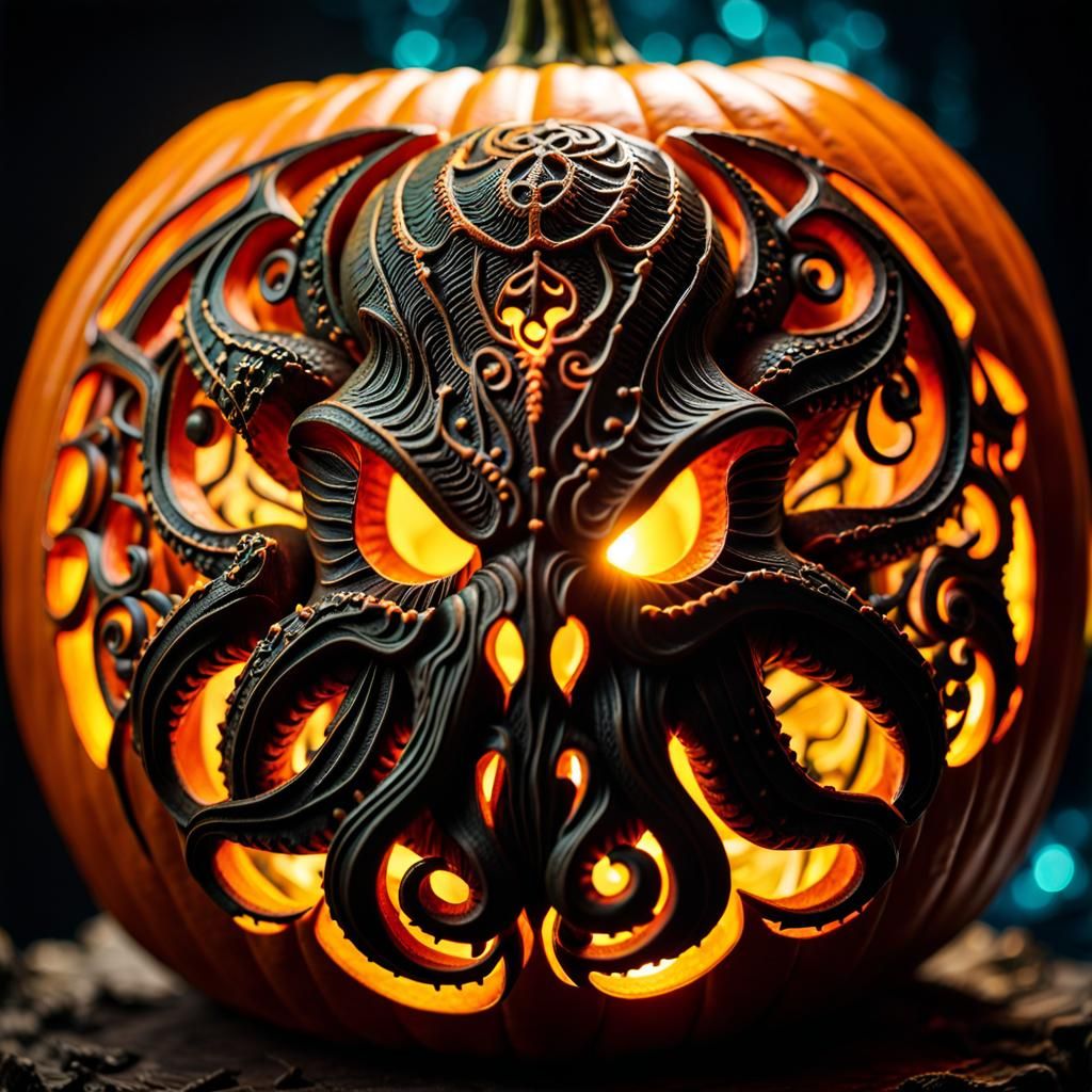Intricately Carved Cthulhu Jack-o-Lantern in 4K