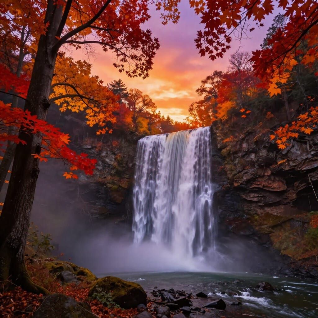 Majestic Waterfall in Autumn Forest at Sunset