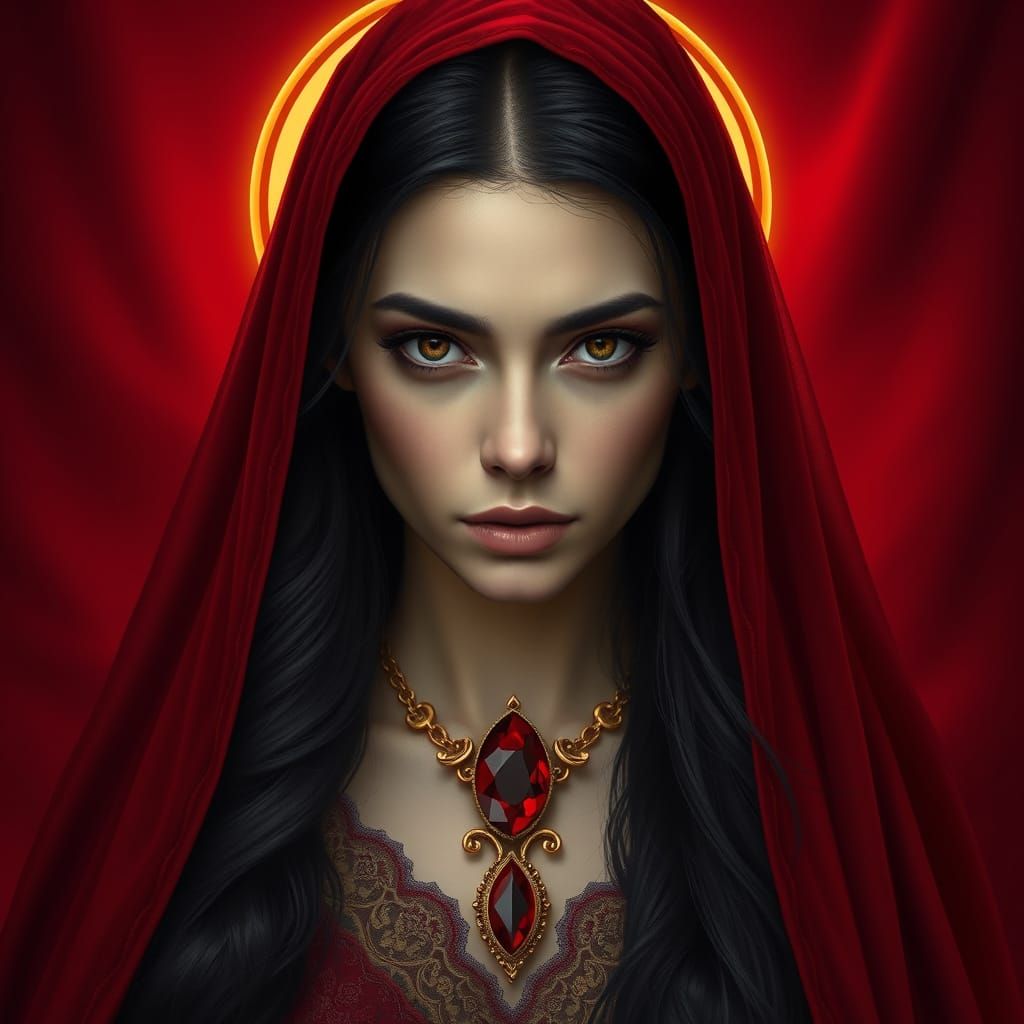 Regal Woman with Red Veil and Golden Halo in Photorealistic ...