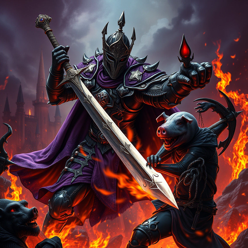 Knight Battles Pig Monster in Fiery Hellscape