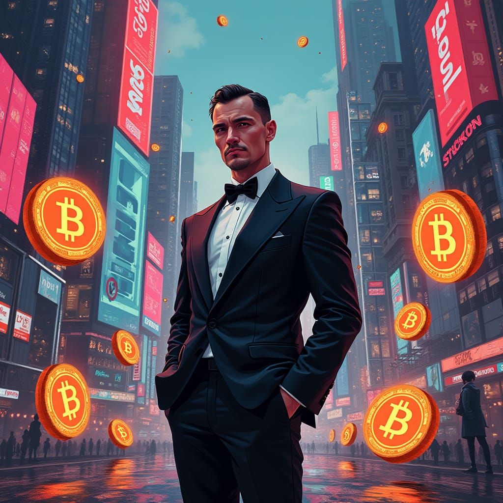 Crypto Vision: Man in Tuxedo, Futuristic Cityscape