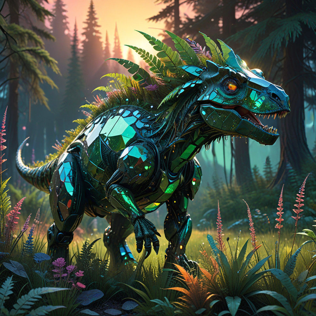 Majestic Biomechanical Dinosaur in Vibrant Gemstone Landscap...